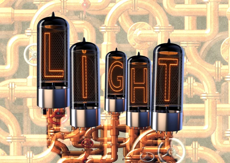 a group of tubes sitting next to each other on top of a table, digital art, inspired by Luigi Kasimir, digital art, let there be light, steampunc, neon letters tripmachine, detailed lighting and textures