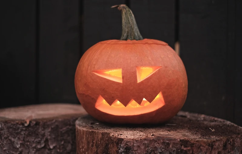 a carved pumpkin sitting on top of a tree stump, a portrait, shutterstock, lit up, high res photo, list, cad