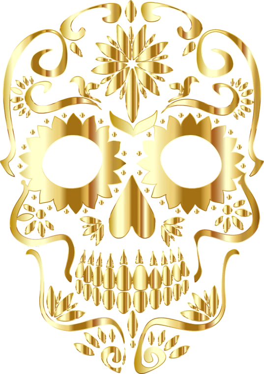 a gold sugar skull on a black background, vector art, inspired by Hedi Xandt, pixabay, art nouveau, phone background, insignia, gold metal, version 3