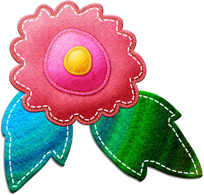 a pink flower with green leaves on a black background, a pastel, inspired by Laurel Burch, flickr, sōsaku hanga, felt!!! texture, clip-art, colorful pigtail, full of colour 8-w 1024