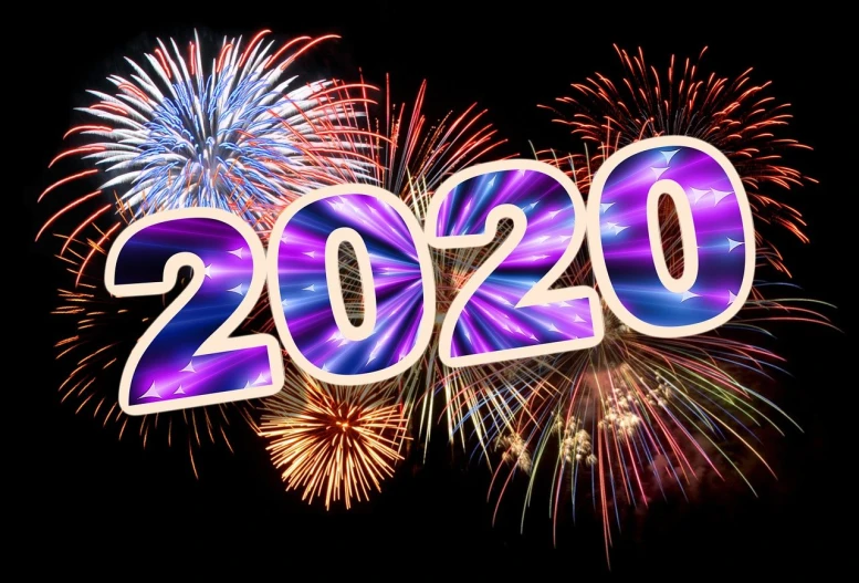 a fireworks display with the number 2020 in front of it, a picture, by Teresa Fasolino, shutterstock, purple and blue neons, stock photo, january, tim hildebrant