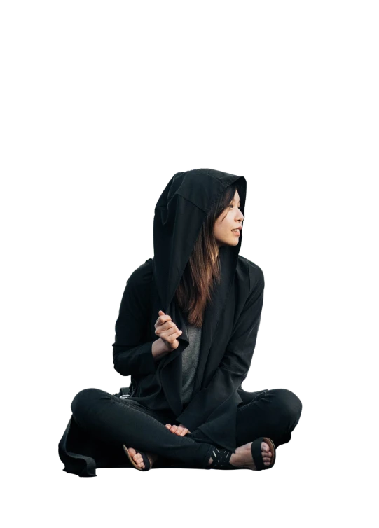 a woman in a black hoodie sitting on the ground, by Han Gan, antipodeans, mahira khan as a d&d wizard, meditating pose, clean background, ninja outfit