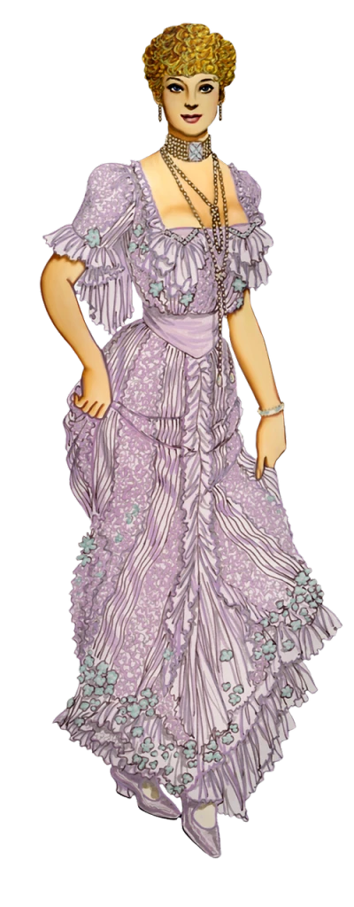 a figurine of a woman in a purple dress, a digital rendering, inspired by Margaret Brundage, art nouveau, fullbody view, colourized, costume design, lavender blush