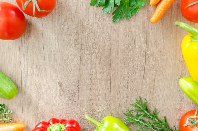 a wooden table topped with lots of different types of vegetables, a stock photo, pexels, banner, packshot, birdseye view, wood surface