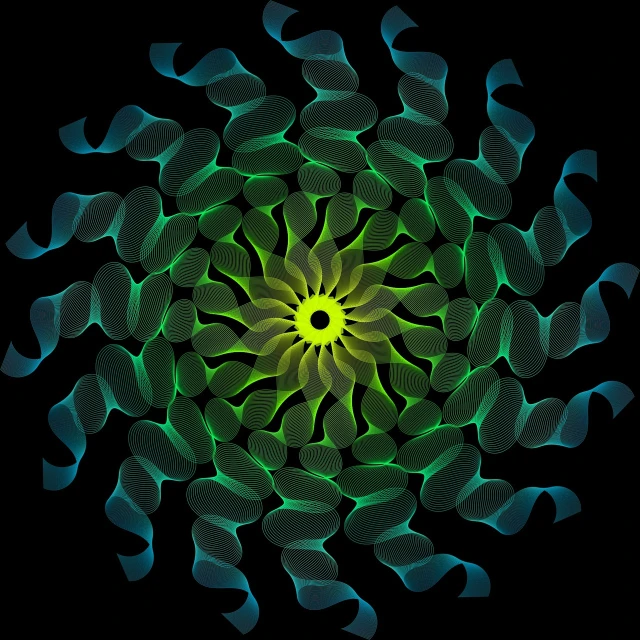 a green and blue circular design on a black background, inspired by Konrad Klapheck, deviantart, colorful dark vector, whorl, green and yellow colors, no gradients