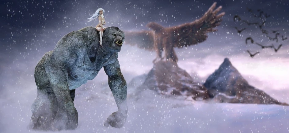a large animal standing on top of a snow covered ground, fantasy art, air is being pushed around him, king kong, she is approaching heaven, gollum as a titan