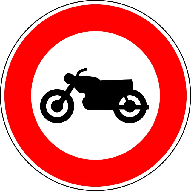 a red and white sign with a picture of a motorcycle, pixabay, les automatistes, circular, use of negative space allowed, scrambler, ( ( dark skin ) )