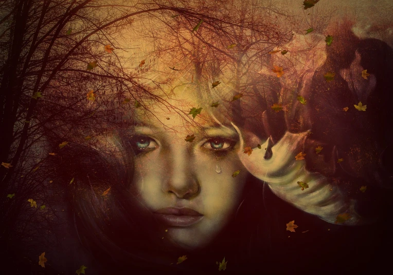a painting of a woman with leaves on her head, by Anna Dittmann, gothic art, in autumn, very sad emotion, 3 d cg, esthetic photo