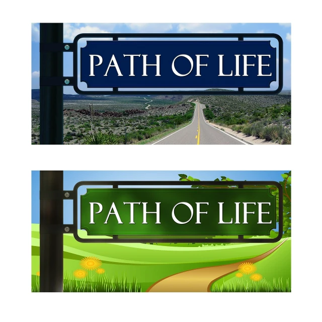 two signs that say path of life and path of life, concept art, by Scott M. Fischer, naive art, logo vector art, panorama, graphic templates