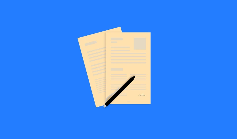 a pen sitting on top of a piece of paper, a digital rendering, by Andrei Kolkoutine, behance, letterism, flat color, modern scientific documents, with a blue background, yellowed paper