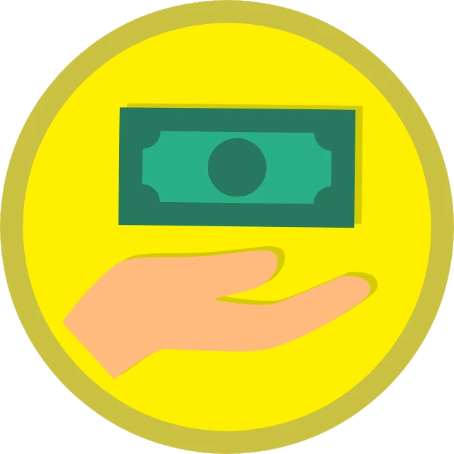 a person's hand holding a money bill, pixabay contest winner, conceptual art, badge, yellow, circle, broadshouldered