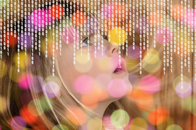 a little girl that is looking up at the sky, a digital rendering, matrix code, rayonism light effects and bokeh, photo of a beautiful, educational