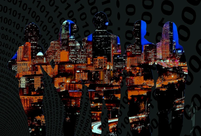 a group of people standing in front of a city at night, digital art, by Carey Morris, trending on pixabay, hacking into the mainframe, skyline showing from the windows, neighborhood, montage