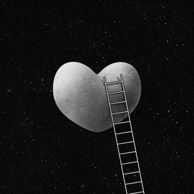 a black and white photo of a heart and a ladder, by Lucia Peka, surrealism, in a space starry, minimalistic illustration, 🎨🖌, love os begin of all