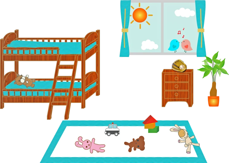 a child's room with bunk beds and toys, an illustration of, by Judith Brown, trending on pixabay, brown and cyan color scheme, pitch black room, sunrise coloring the room, interior of a small