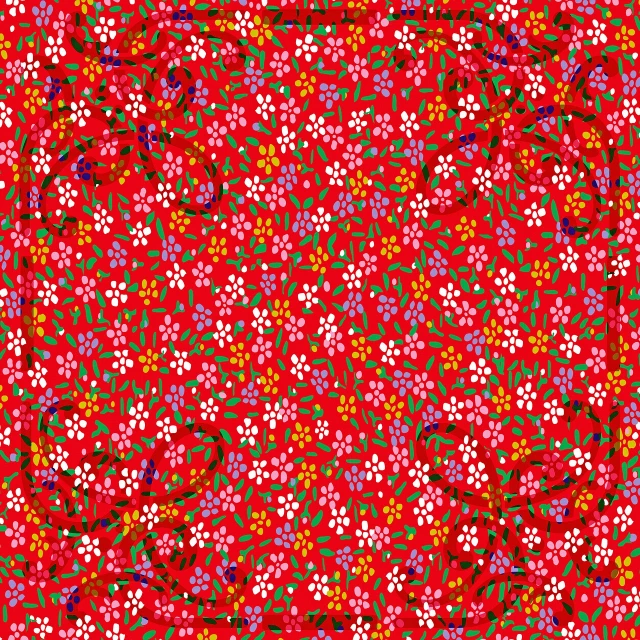 a pattern of small flowers on a red background, a digital rendering, by Yayou Kusama, naive art, bird eye view, ribbons and flowers, everything is carpet and 3d, white border and background