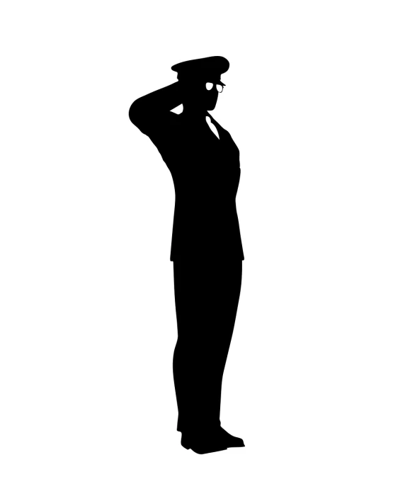 a silhouette of a man in a uniform saluting, a stock photo, by senior artist, digital art, above side view, in suit with black glasses, girl wearing uniform, black on white background