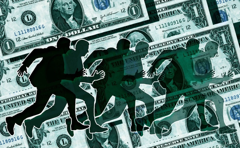 a group of people running across a pile of money, a digital rendering, by Whitney Sherman, people's silhouettes close up, fighting, jemal shabazz, theft