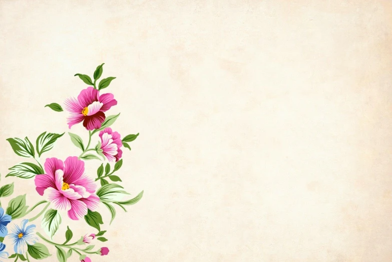 a painting of pink and blue flowers on a beige background, a digital painting, by Yi Jaegwan, trending on pixabay, vintage - w 1 0 2 4, wall painting, looking left, background image
