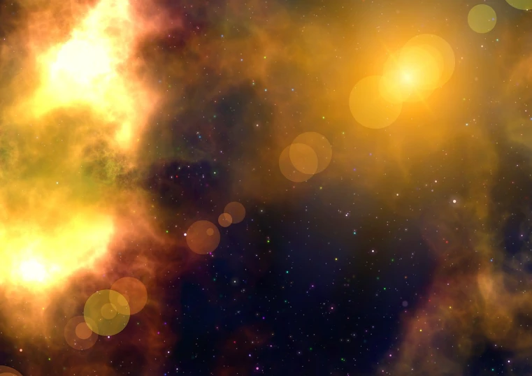the sun is shining brightly in the sky, digital art, light and space, exploding nebula, yellow volumetric fog, space photo, stunning screenshot