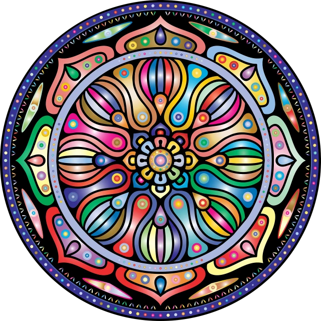 a colorful circular design on a black background, inspired by Alex Grey, shutterstock, no gradients, stained glass style, painted in bright water colors, traditional folk art style