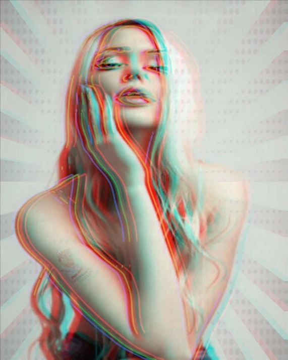 a woman holding a cell phone to her ear, digital art, by Galen Dara, tumblr, digital art, anaglyph effect, anya_taylor-joy, 3 d neon art of a womens body, portrait color glamour