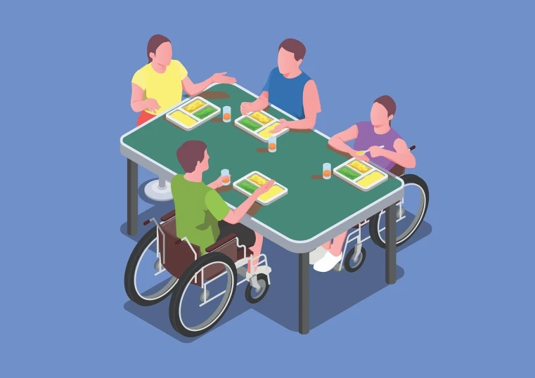 a group of people sitting around a table playing cards, an illustration of, accessible for the disabled, isometric view. game rpg, high-res, painting illustration