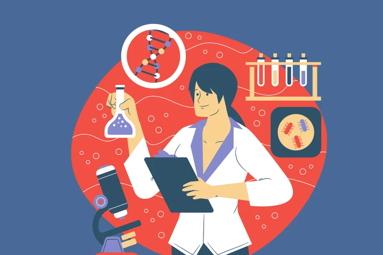 a woman in a lab coat holding a clipboard, an illustration of, shutterstock, analytical art, vector design, bioorganic concept, high contrast illustration, girl creates something great