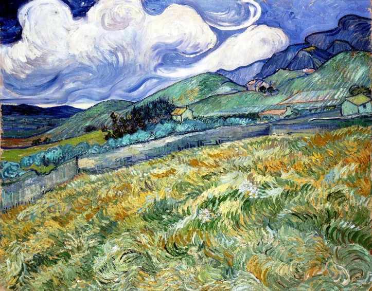 a painting of a field with mountains in the background, by Van Gogh, windy weather, stained”