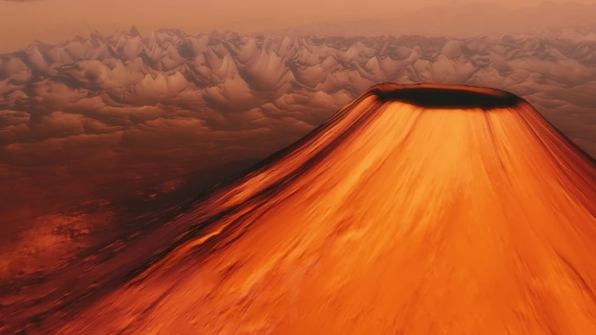 an aerial view of a volcano in the sky, inspired by John Martin, polycount contest winner, on the orange surface of mars, really close - up shot, photoreal”