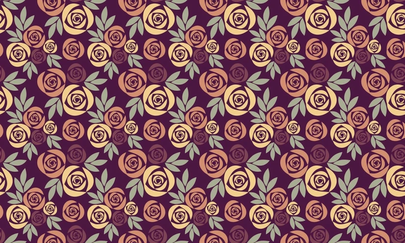 a pattern with swirls and leaves on a purple background, inspired by Rose Henriques, many origami roses, muted brown yellow and blacks, tileable, stylised flat colors