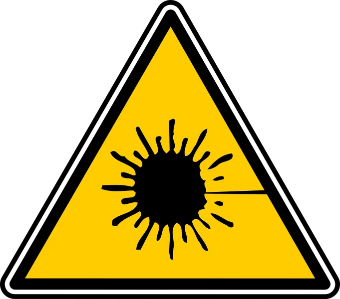 a yellow triangle with a paint splatter on it, an illustration of, shock art, high voltage warning sign, black hole sun, virus, on a flat color black background