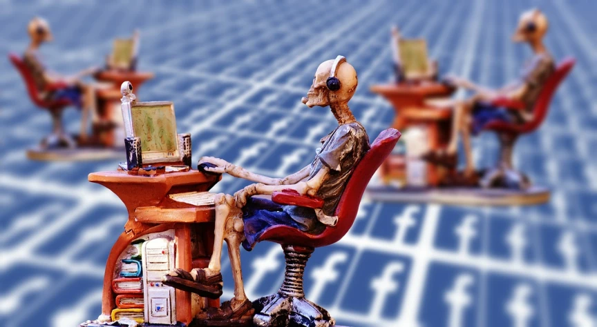 a skeleton sitting at a desk working on a computer, by Wayne England, flickr, digital art, cyborg mark zuckerberg, ceramic cyborg, facebook profile picture, family photo