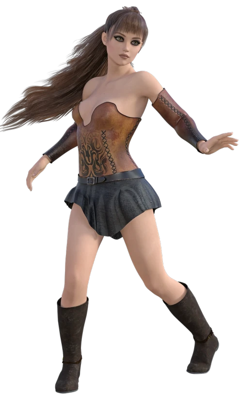 a woman in a corset posing for a picture, a digital rendering, inspired by Aleksander Gierymski, zbrush central contest winner, renaissance, teenage viking shieldmaiden, dynamic dancing pose, photorealistic skin texture, fantasy leather clothing