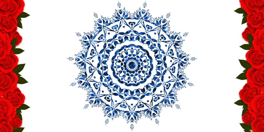 a picture of blue and red roses on a black background, inspired by Benoit B. Mandelbrot, carved from sapphire stone, snowflakes, top - down view, 2 0 1 7