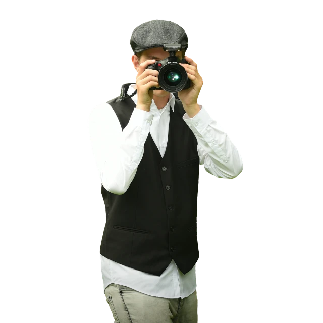 a man taking a picture with a camera, art photography, suit vest and top hat and gloves, fully body photo, action photo