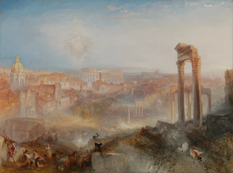 a painting of a view of a city from the top of a hill, by William Turner of Oxford, shutterstock, romanticism, greek-esque columns and ruins, neon roman, mist, the fall of rome
