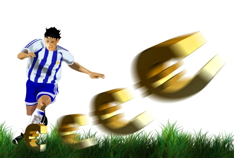 a soccer player in a blue and white uniform kicking a soccer ball, a digital rendering, pixabay contest winner, figuration libre, with many gold coins, gold pipelines, greece, focus illustration