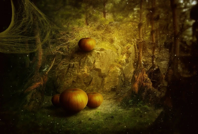 three oranges sitting on top of a pile of hay, by Cindy Wright, digital art, mysterious and scary forest, beautiful fantasy cave scene, pumpkins, high quality fantasy stock photo