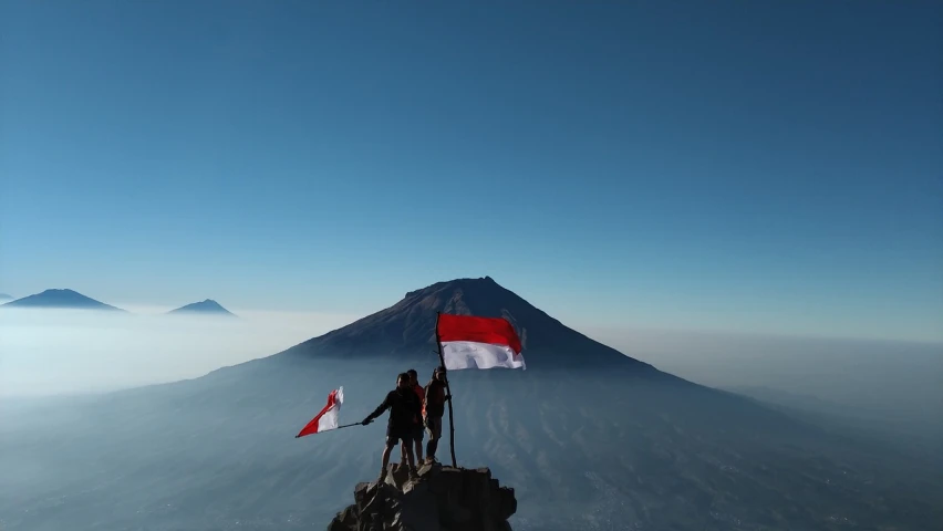 a couple of people standing on top of a mountain, a picture, by Bernardino Mei, sumatraism, red pennants, impeccable military composure, style of ade santora, mount doom