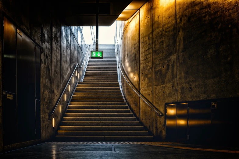 a light at the end of a set of stairs, a stock photo, by Thomas Häfner, shutterstock, happening, central station in sydney, green lights, lighting on concrete, exit light