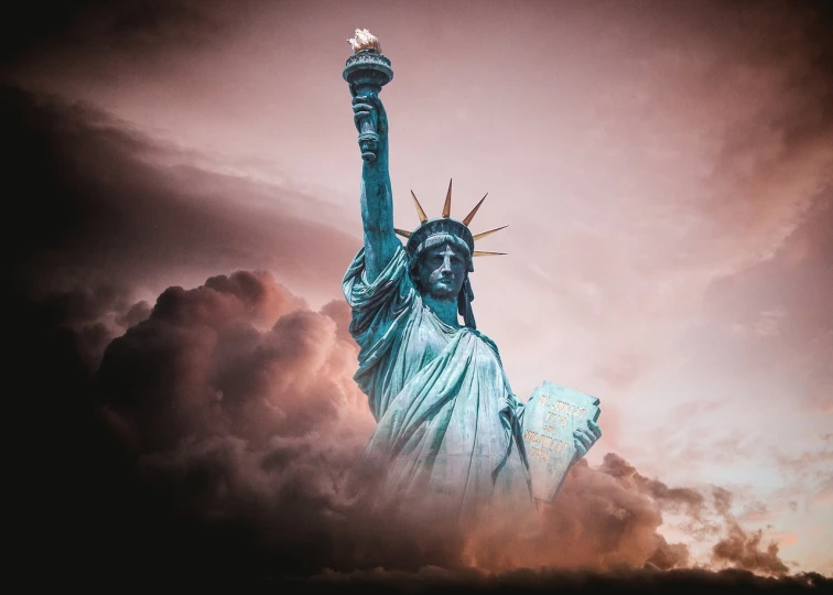 a statue of liberty on a cloudy day, a statue, american realism, sunset and big clouds behind her, trending photo, usa-sep 20, on a dark background