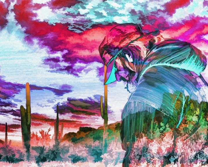 a painting of a man on a skateboard in the desert, a digital painting, inspired by Yoshitoshi ABe, neo-fauvism, details and vivid colors, glitched background, painting of wild hunt in the sky, new mexican desert background