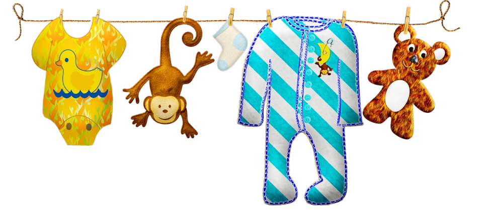 a group of stuffed animals hanging from a clothes line, a digital rendering, by Ingrida Kadaka, pixabay, process art, monkey, blue overalls, on black background, noxious poison diaper