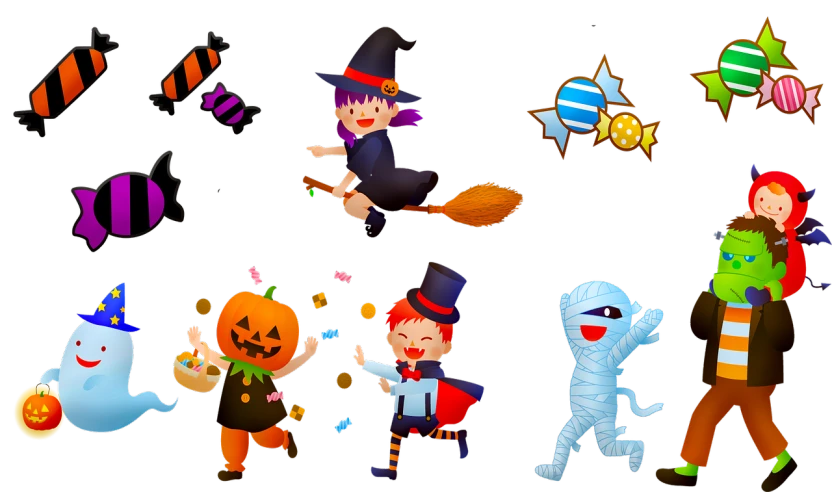 a group of children dressed up in halloween costumes, by Ingrida Kadaka, trending on pixabay, digital art, on black background, candy decorations, super detail of each object, [ 4 k digital art