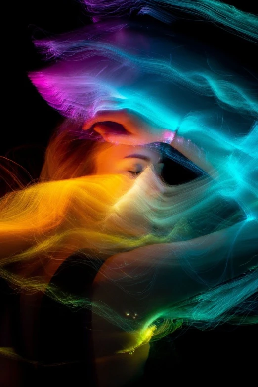 a woman with colorful hair blowing in the wind, by Jan Rustem, digital art, neon light and fantasy, colorful vapor, multicolor, glow wave