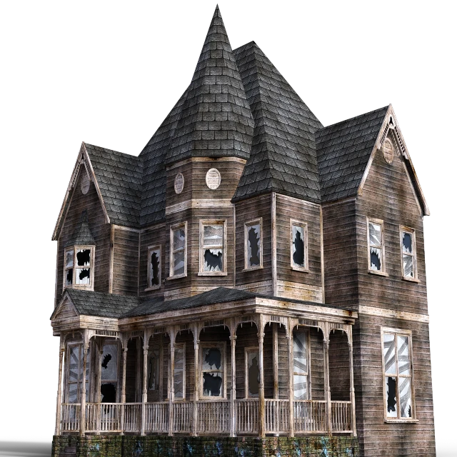 a large wooden house sitting on top of a lush green field, a digital rendering, by Jon Coffelt, shutterstock, haunted house interior, on black background, rotting, highly detailed model