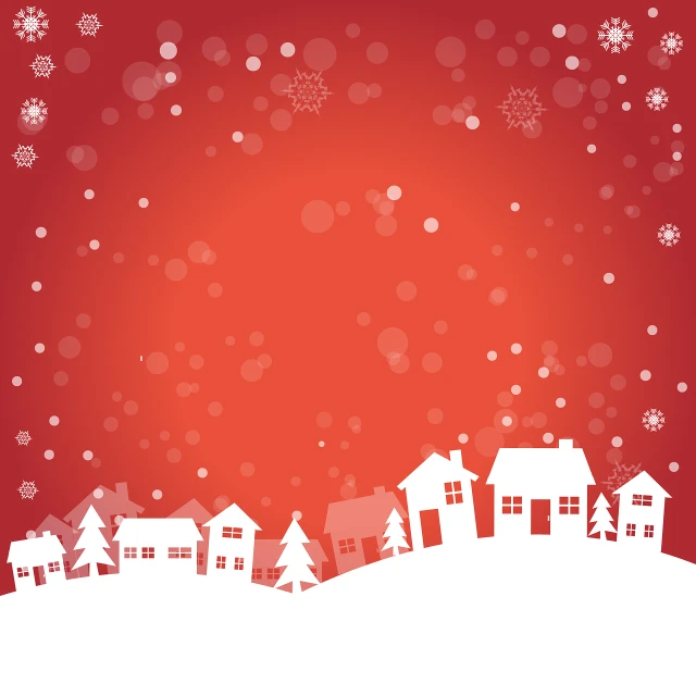 a red and white christmas background with houses and snowflakes, an illustration of, naive art, card template, without text, event, orange backgorund