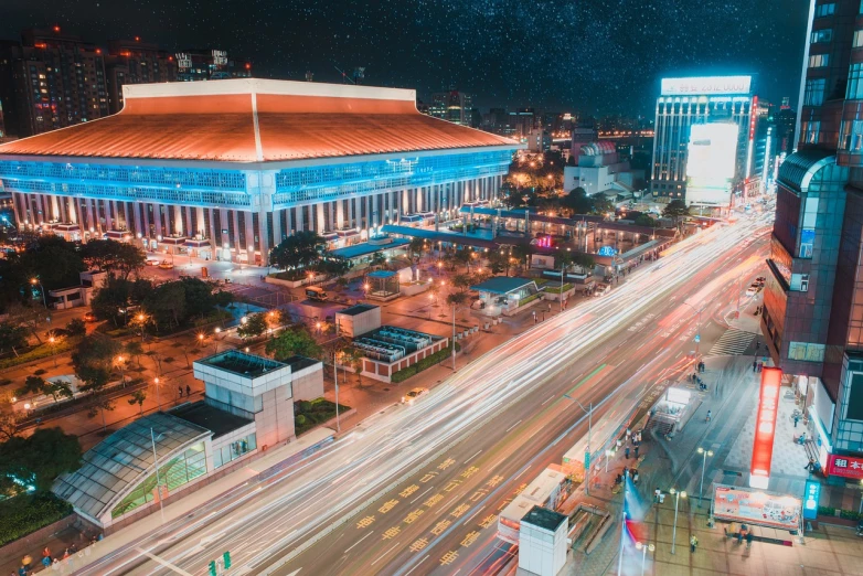 an aerial view of a city at night, pexels contest winner, digital art, tiananmen square, exhibition hall lighting, long exposure ; sharp focus, los angeles at night
