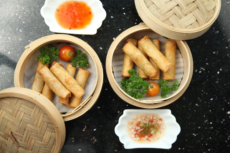 a table topped with three baskets filled with food, inspired by Mi Fu, pixabay, restaurant menu photo, pillars, square, avatar image